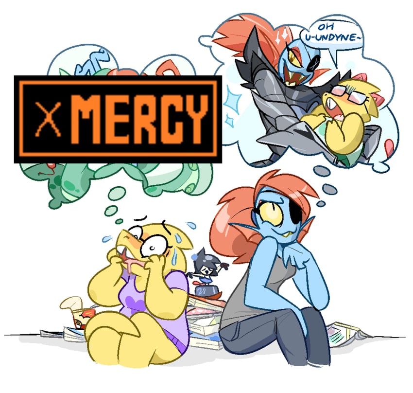undyne, alphys, undyne the undying, and shyren (undertale) drawn by spurkeht