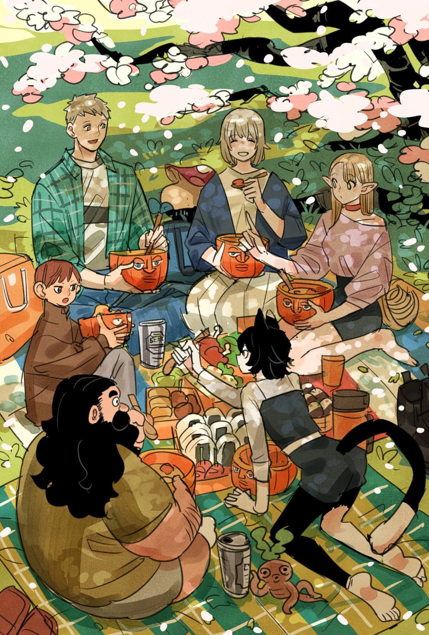 marcille donato, falin touden, laios touden, senshi, chilchuck tims, and 3 more (dungeon meshi) drawn by takeuchi_ryousuke