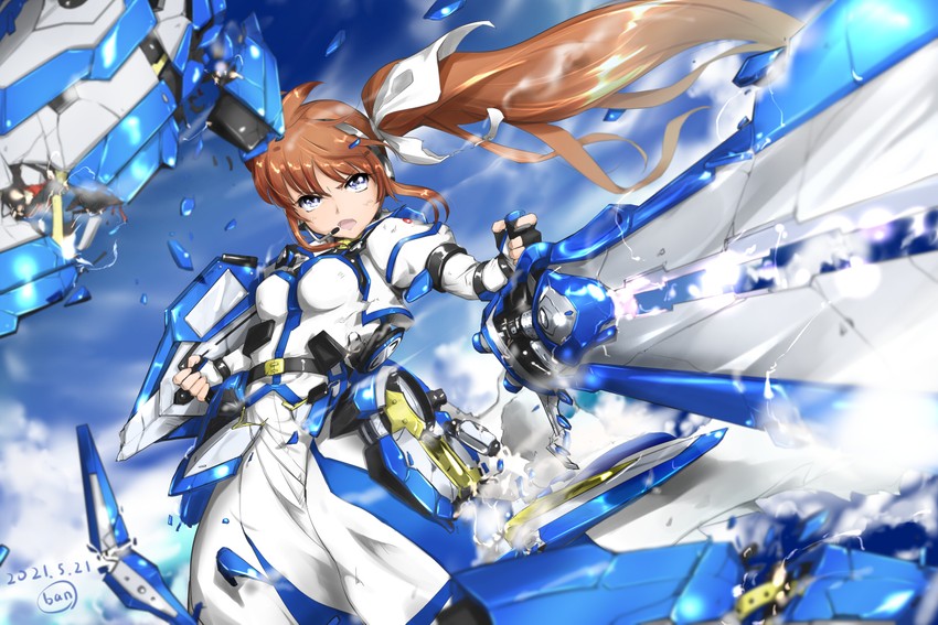takamachi nanoha, strike cannon, and fortress (lyrical nanoha and 1 more) drawn by ban_(777purin)