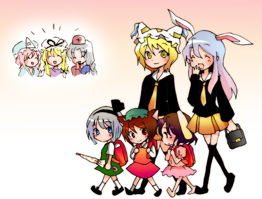 konpaku youmu, yakumo yukari, reisen udongein inaba, saigyouji yuyuko, yakumo ran, and 3 more (touhou) drawn by koroneri