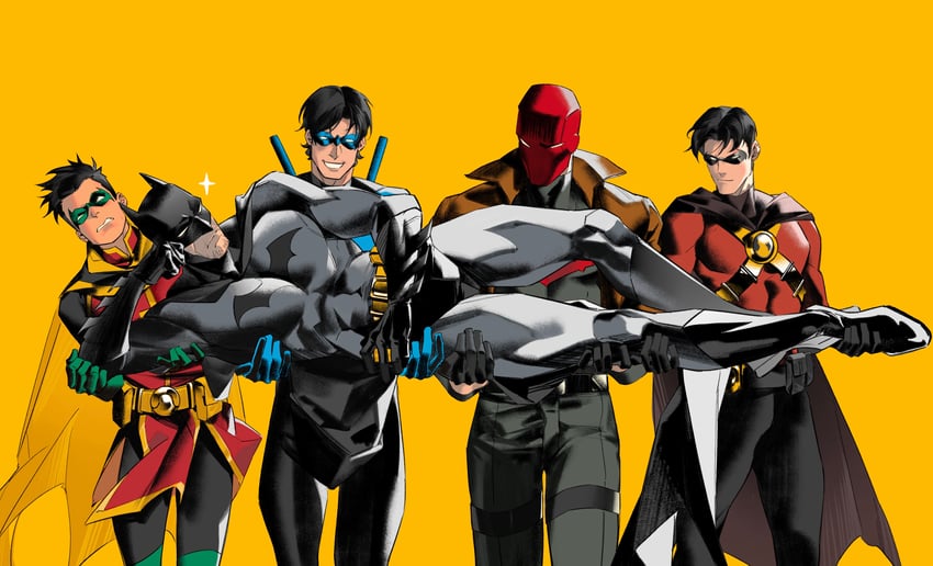 batman, robin, bruce wayne, dick grayson, jason todd, and 5 more (dc comics and 1 more) drawn by anthonykaen