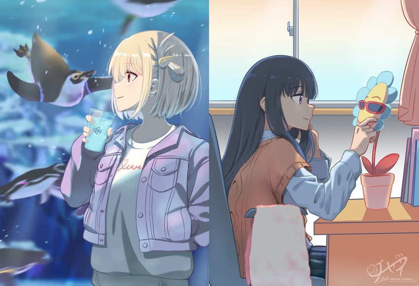 nishikigi chisato and inoue takina (lycoris recoil) drawn by chai_haru