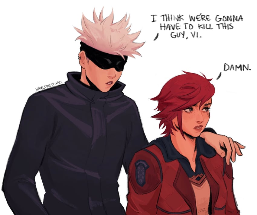 gojou satoru, vi, and arcane vi (league of legends and 2 more) drawn by haylsketches