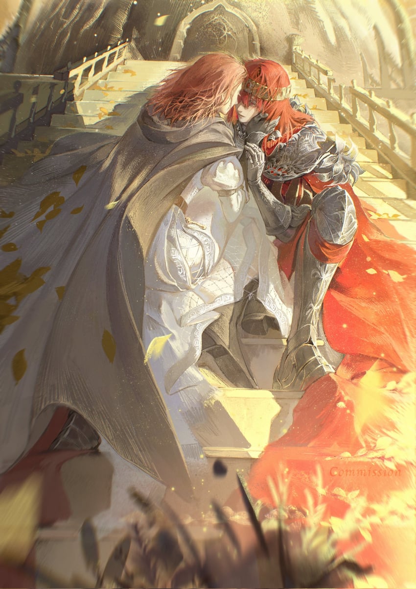 tarnished, melina, and red-haired tarnished (elden ring) drawn by kwiaty_k