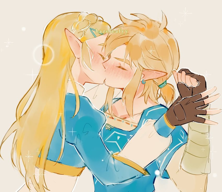 link and princess zelda (the legend of zelda and 1 more) drawn by hazeleafyy