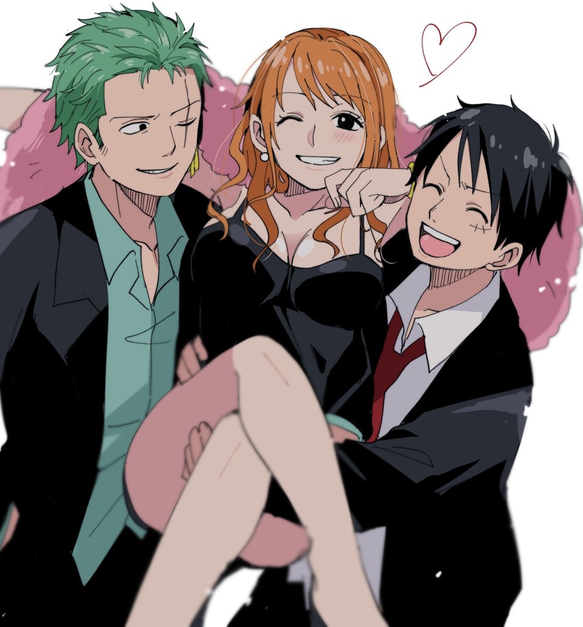 nami, monkey d. luffy, and roronoa zoro (one piece) drawn by chiya_op