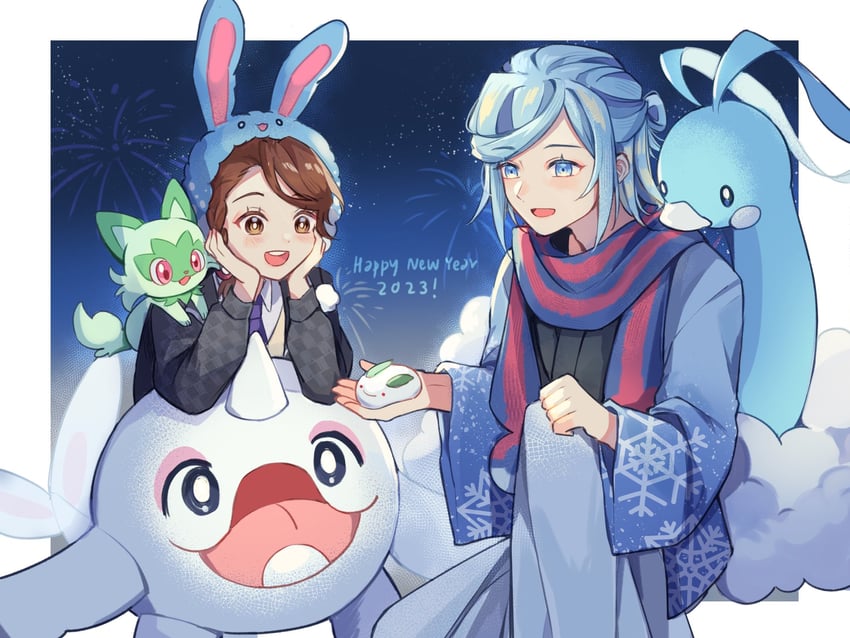 juliana, sprigatito, grusha, and altaria (pokemon and 1 more) drawn by cassiopeia19