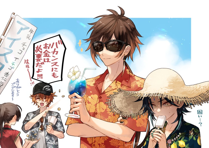 zhongli, tartaglia, and xiao (genshin impact) drawn by maka_(morphine)