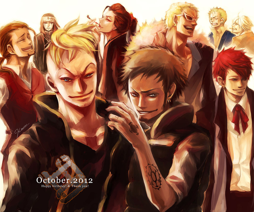 roronoa zoro, sanji, trafalgar law, donquixote doflamingo, marco, and 4 more (one piece) drawn by kamuna8046z