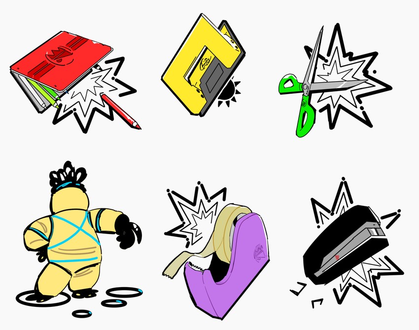 scissors, colored pencils, tape, hole punch, rubber band, and 1 more (mario and 2 more) drawn by apios