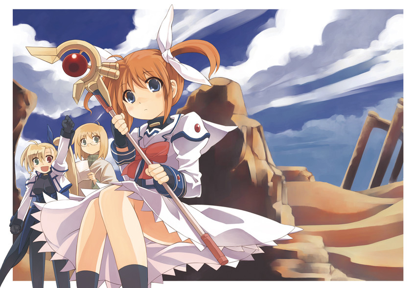 takamachi nanoha, raising heart, vivio, and yuuno scrya (lyrical nanoha and 1 more) drawn by kouno_hikaru