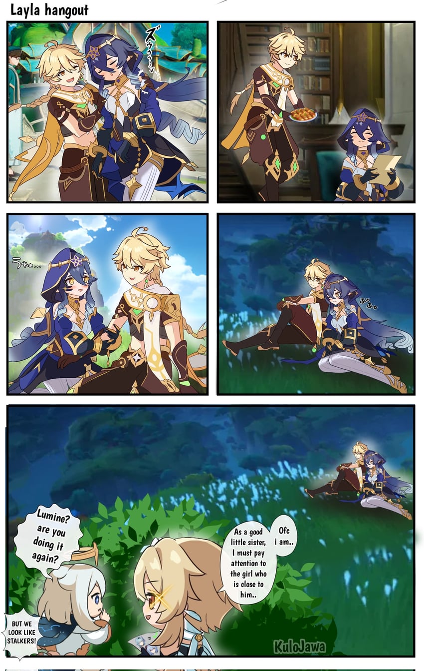 lumine, aether, paimon, and layla (genshin impact) drawn by kulojawa
