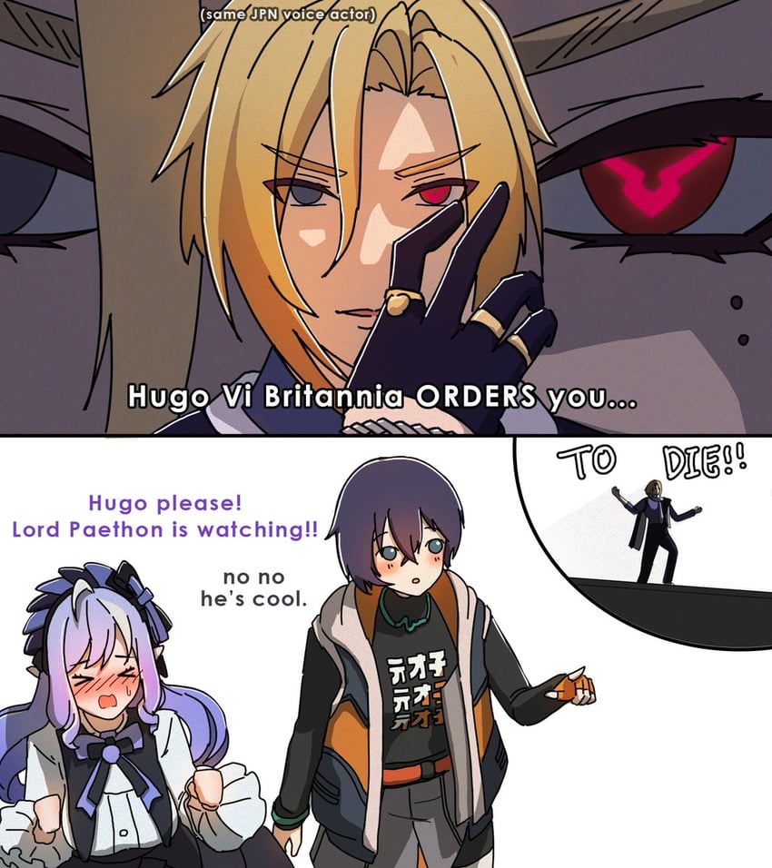 belle, lelouch vi britannia, vivian banshee, hugo vlad, and fukuyama jun (zenless zone zero and 1 more) drawn by dorahdew