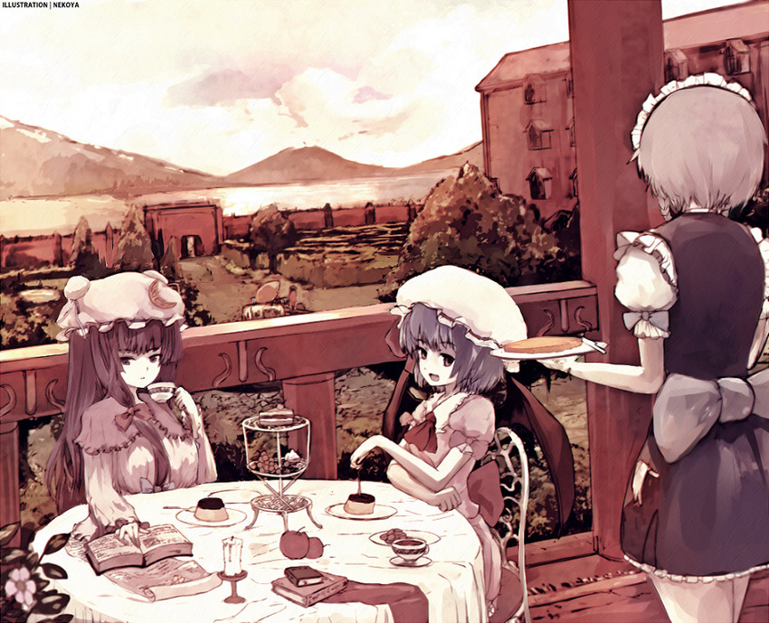 remilia scarlet, flandre scarlet, izayoi sakuya, patchouli knowledge, and hong meiling (touhou) drawn by nekoya_(liu)