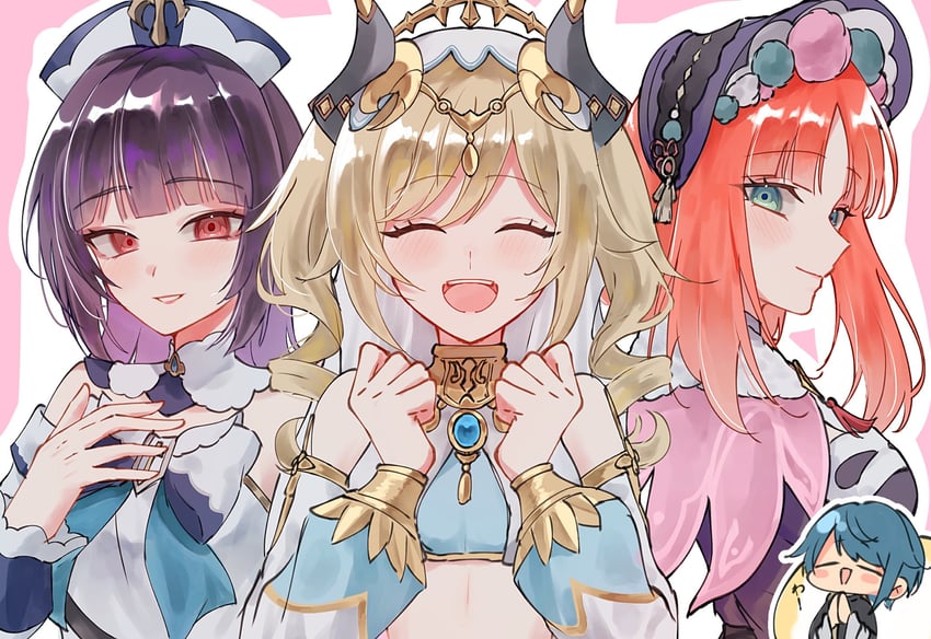nilou, barbara, xingqiu, and yun jin (genshin impact) drawn by oshiruko0625