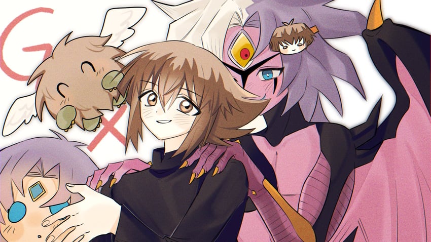 yuki judai, yubel, and winged kuriboh (yu-gi-oh! and 1 more) drawn by kitschmilk
