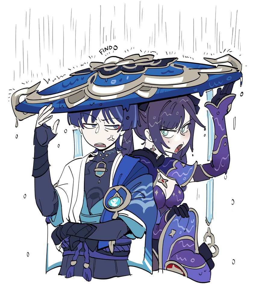 scaramouche, wanderer, and mona (genshin impact) drawn by findoworld