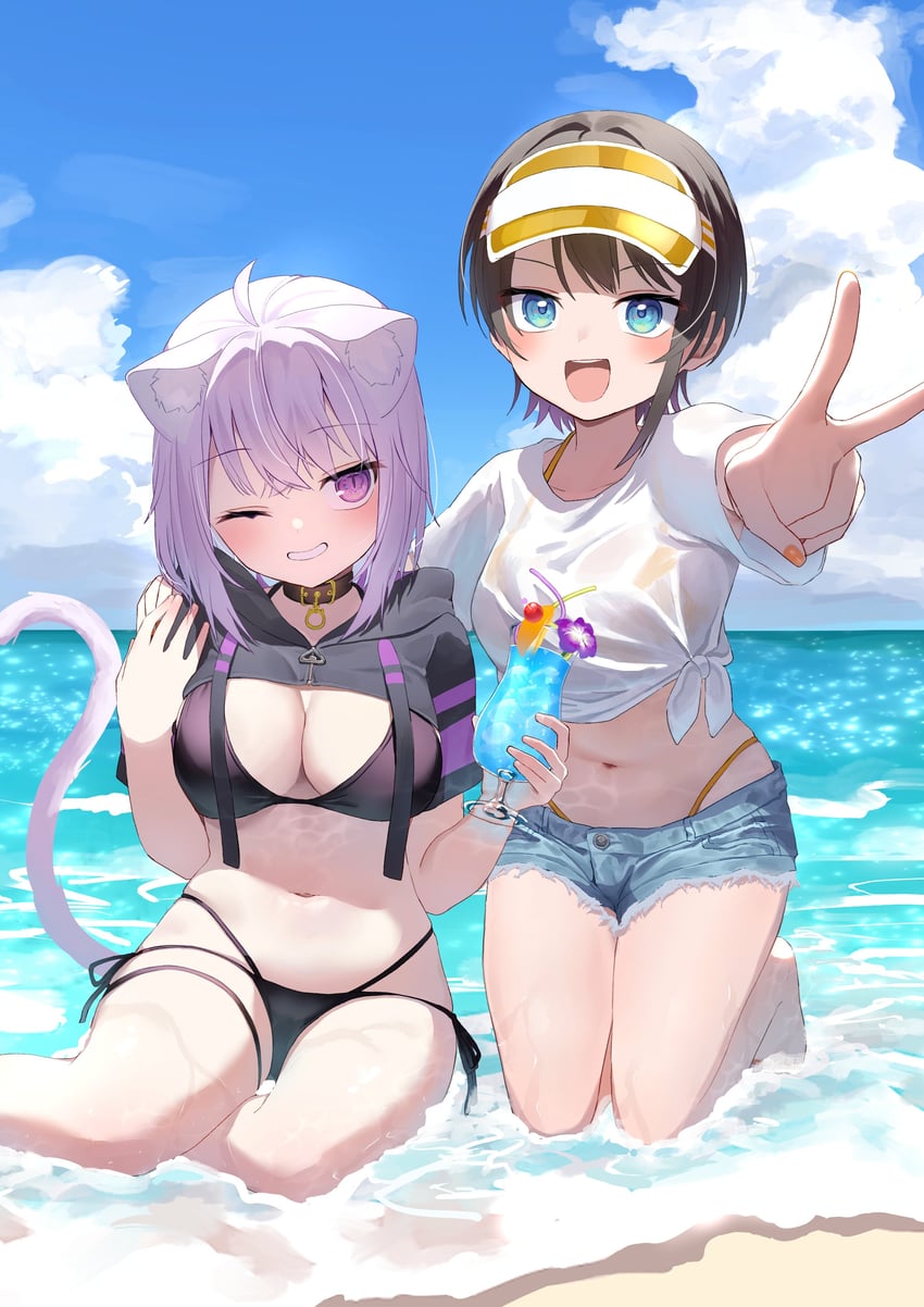 nekomata okayu and oozora subaru (hololive) drawn by shumpi