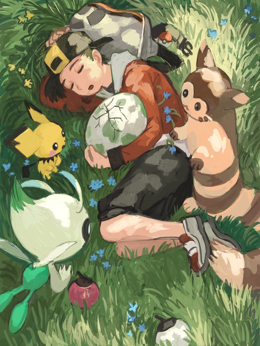 ethan, pichu, furret, and celebi (pokemon and 1 more) drawn by minahamu