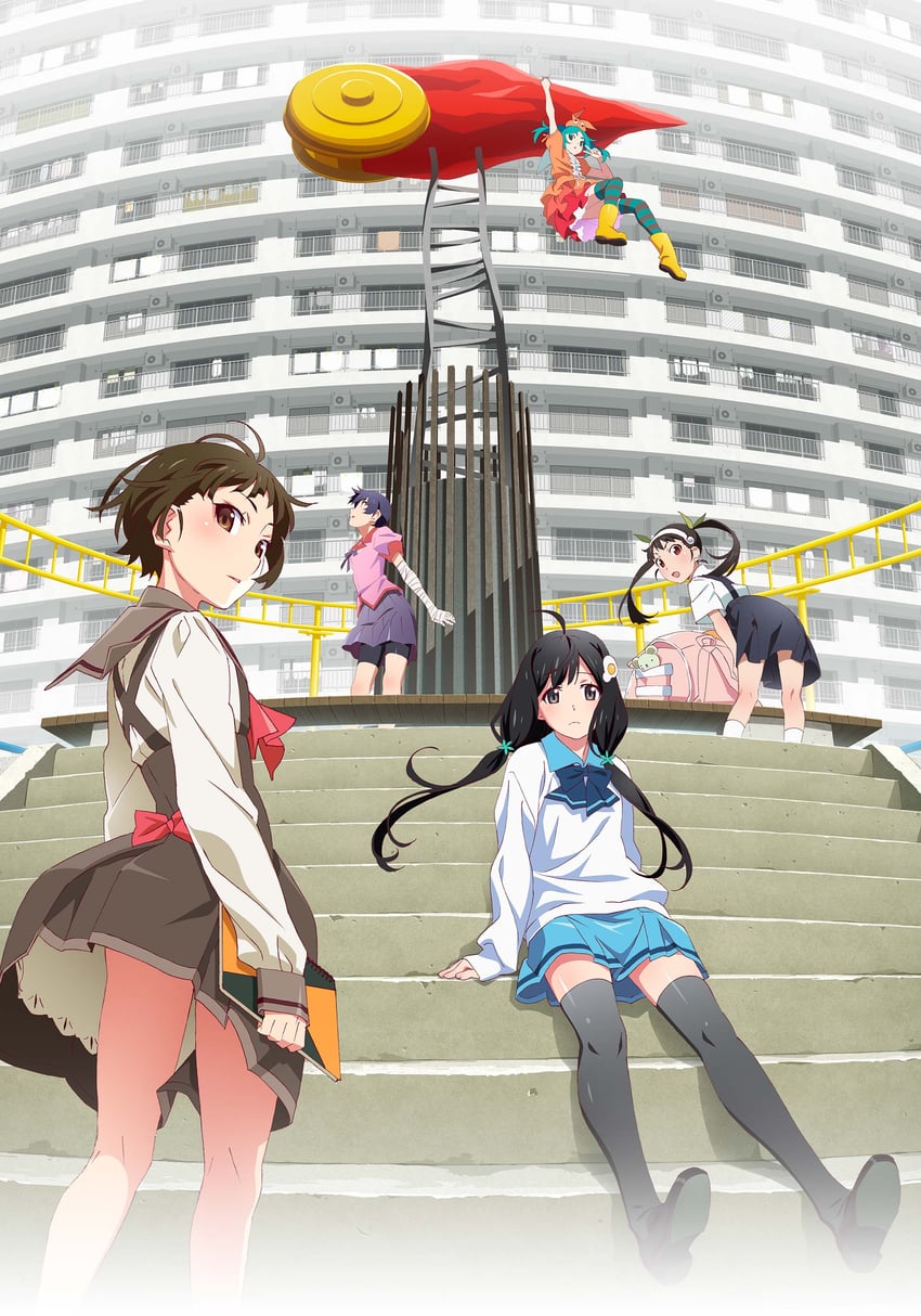 sengoku nadeko, hachikuji mayoi, kanbaru suruga, ononoki yotsugi, and araragi tsukihi (monogatari and 2 more) drawn by watanabe_akio