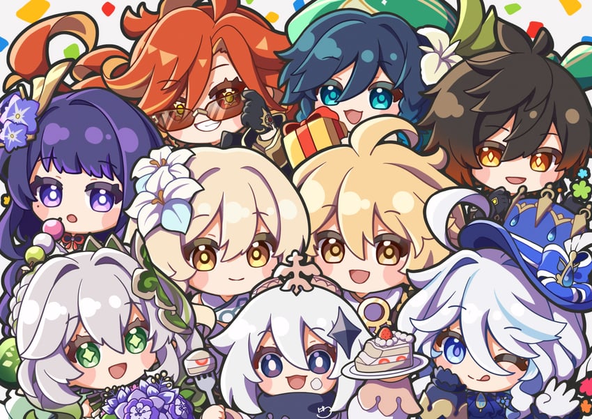 lumine, raiden shogun, aether, furina, nahida, and 4 more (genshin impact) drawn by niwa_2810