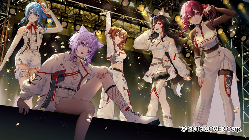 houshou marine, hoshimachi suisei, nekomata okayu, ookami mio, inugami korone, and 5 more (hololive and 1 more) drawn by nekoyama_iori