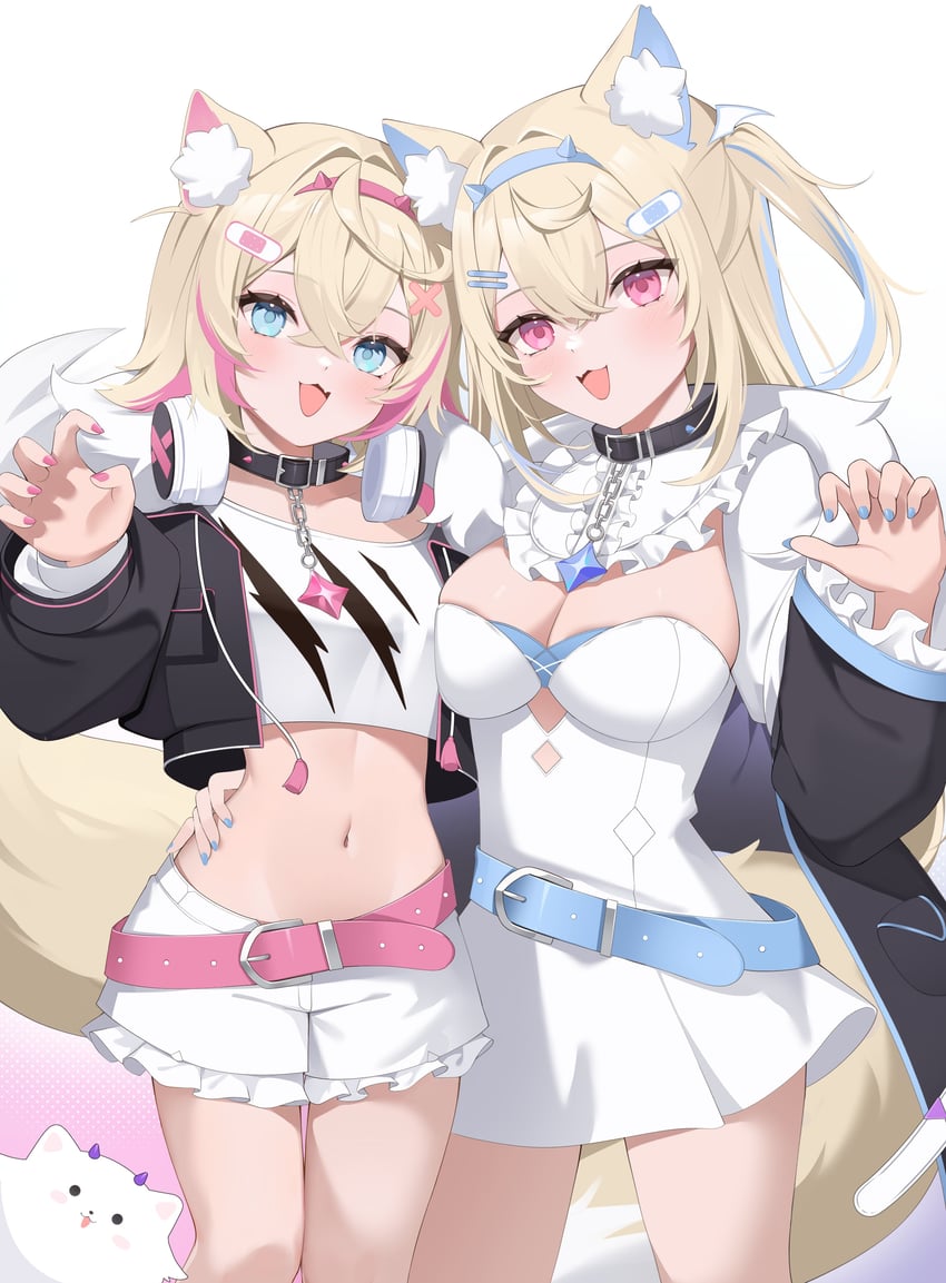 fuwawa abyssgard, mococo abyssgard, and perroccino (hololive and 1 more) drawn by eevyart