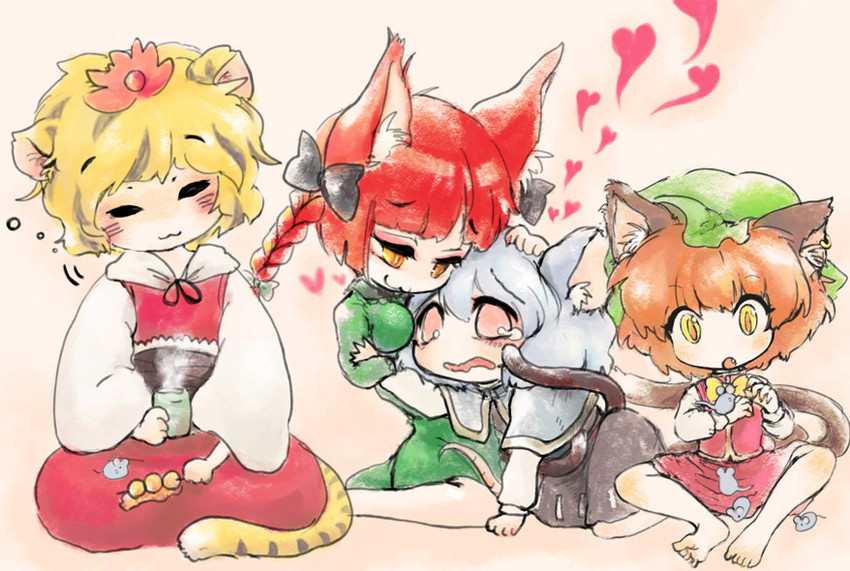 kaenbyou rin, chen, nazrin, and toramaru shou (touhou) drawn by setsugeka_tumugi