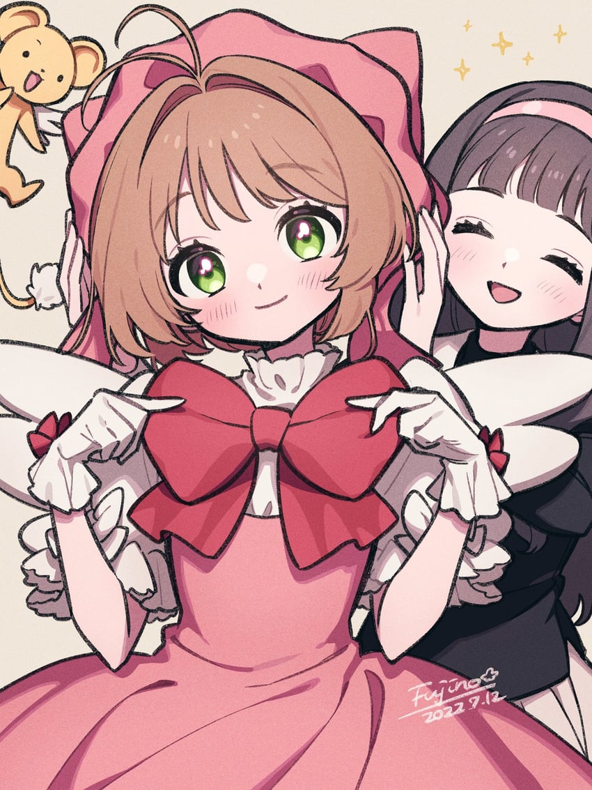 kinomoto sakura, kero, and daidouji tomoyo (cardcaptor sakura) drawn by fujino_hana