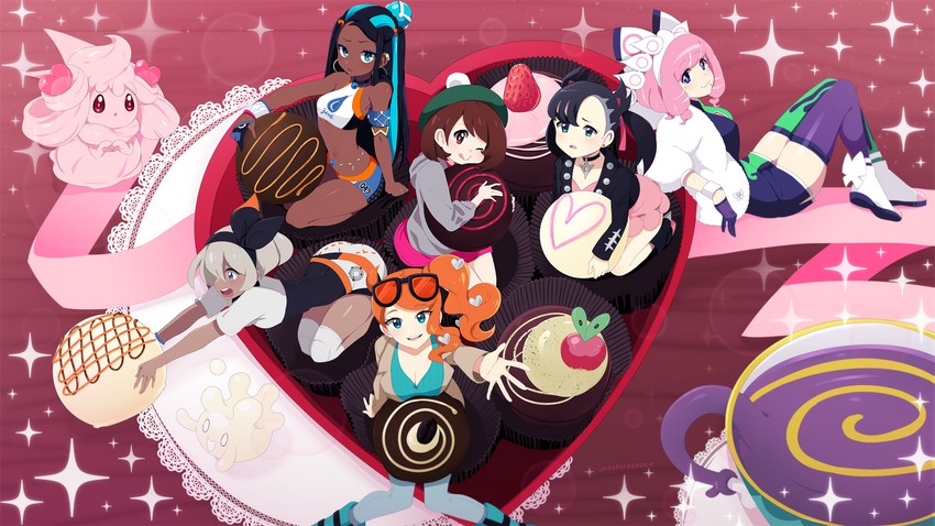 marnie, gloria, nessa, bea, sonia, and 5 more (pokemon and 1 more) drawn by nashirasauce