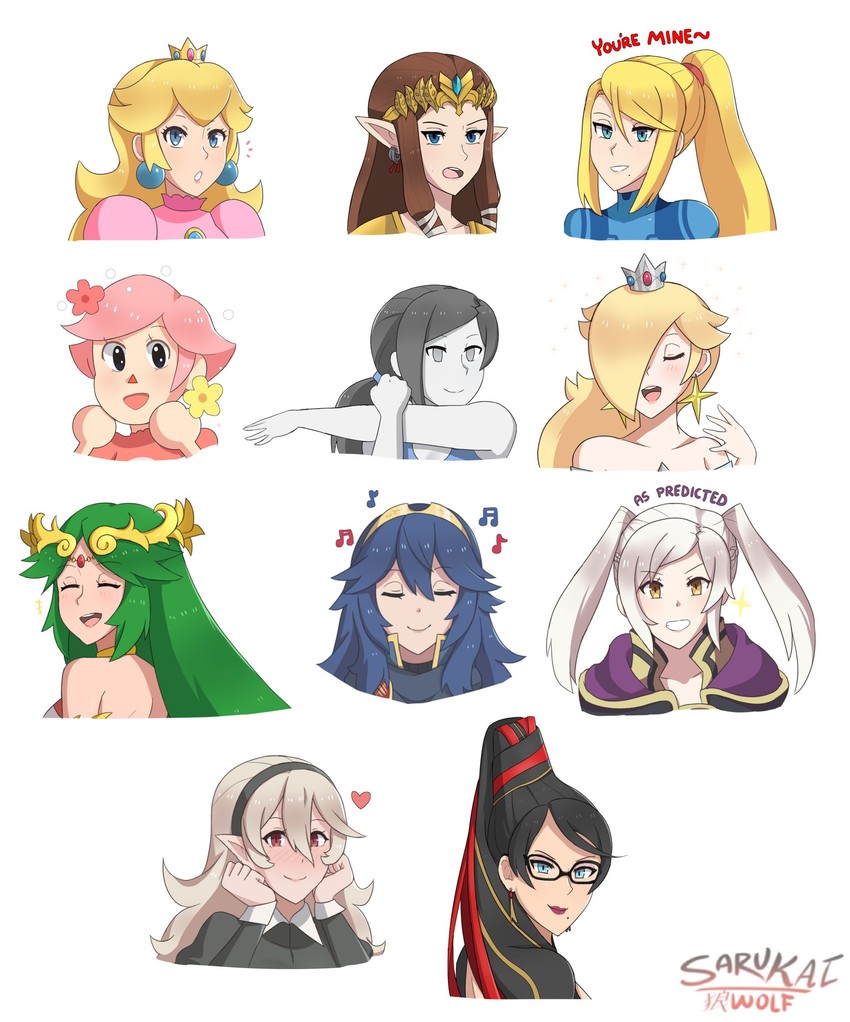 princess zelda, princess peach, samus aran, lucina, female corrin, and 6 more (fire emblem and 13 more) drawn by sarukaiwolf