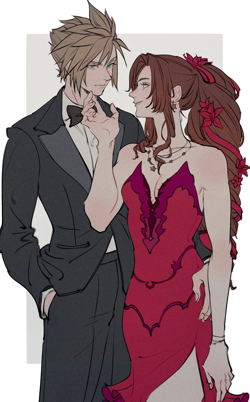 cloud strife and aerith gainsborough (final fantasy and 2 more) drawn by oimo_(oimkimn)