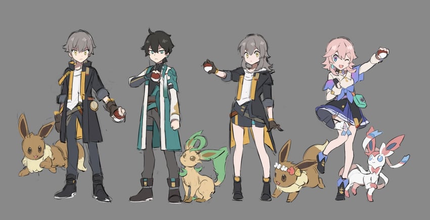 trailblazer, stelle, march 7th, eevee, caelus, and 3 more (pokemon and 2 more) drawn by papajay_(jennygin2)