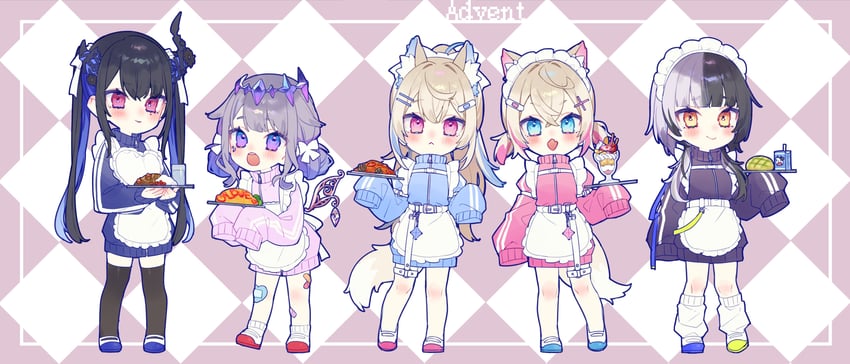 shiori novella, nerissa ravencroft, fuwawa abyssgard, mococo abyssgard, and koseki bijou (hololive and 1 more) drawn by chiyomaru_(yumichiyo0606)