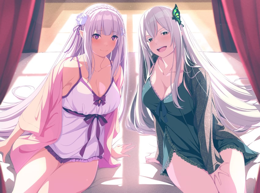 emilia and echidna (re:zero kara hajimeru isekai seikatsu) drawn by qwel_08