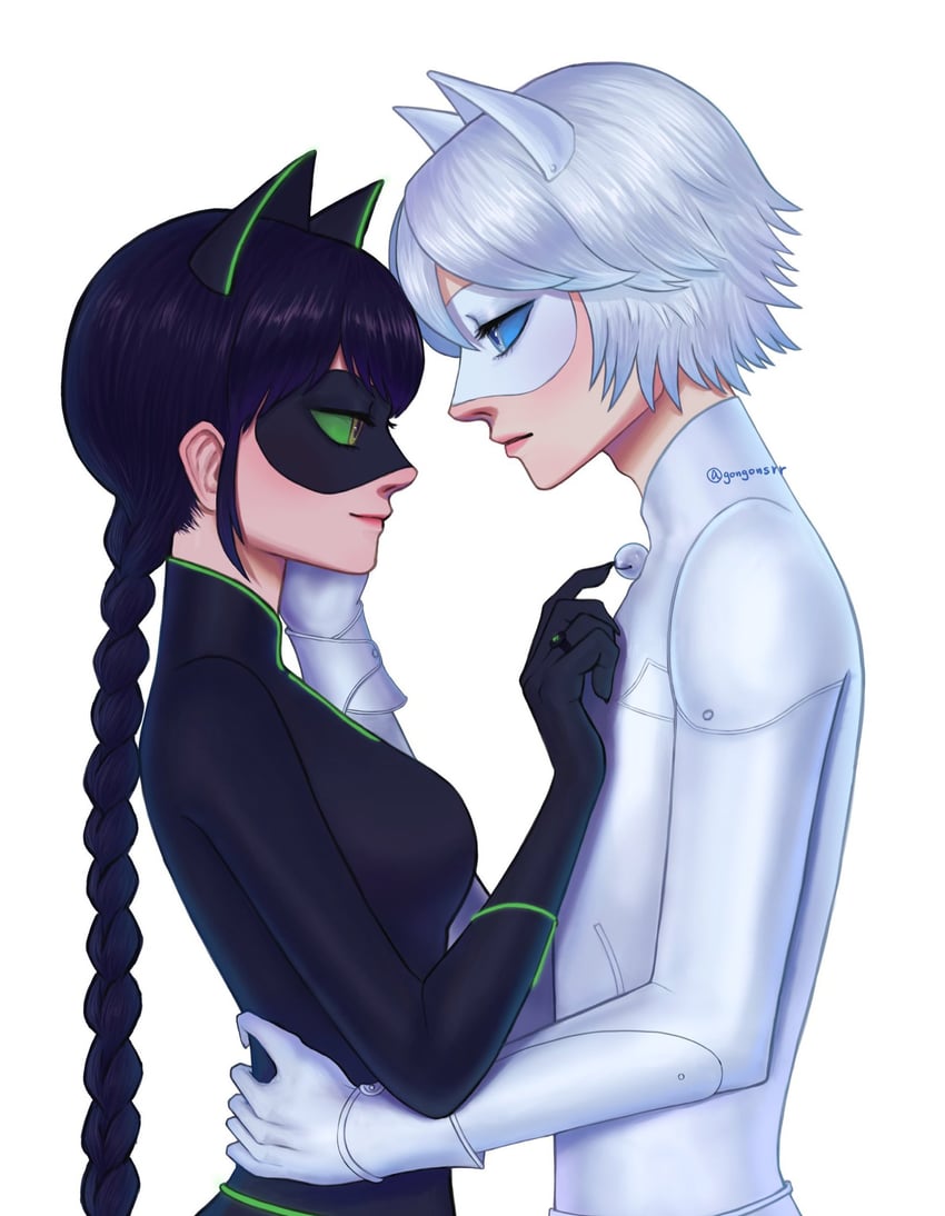 marinette dupain-cheng, adrien agreste, lady noir, and chat blanc (miraculous ladybug) drawn by gongonsrr