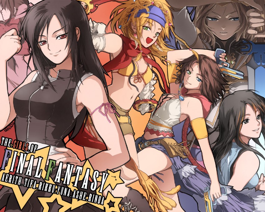 tifa lockhart, aerith gainsborough, yuna, rinoa heartilly, rikku, and 3 more (final fantasy and 6 more) drawn by shilin