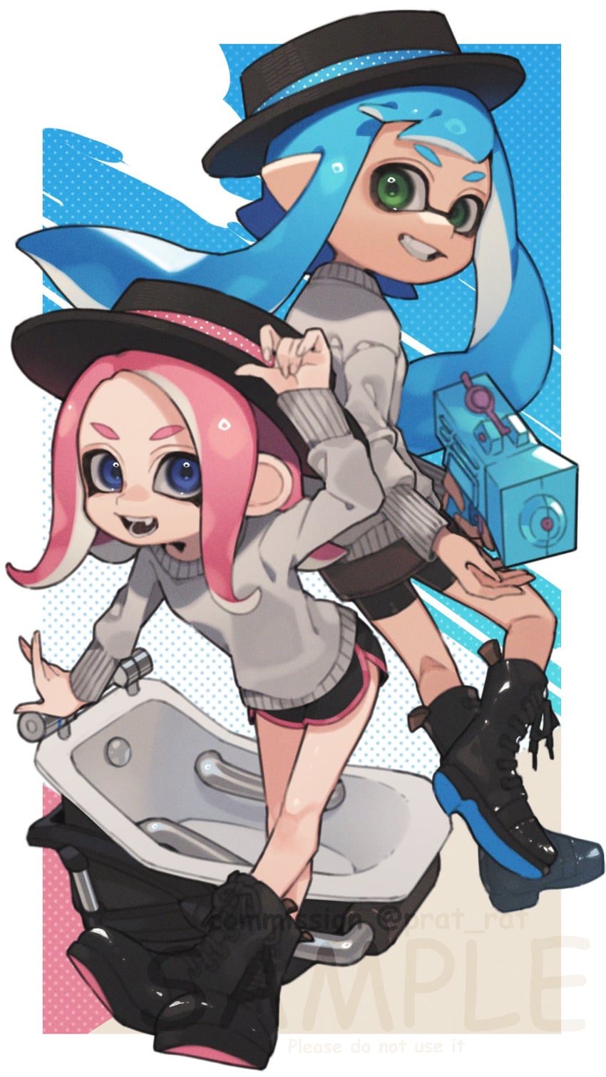 inkling player character, inkling girl, octoling player character, and octoling girl (splatoon) drawn by prat_rat