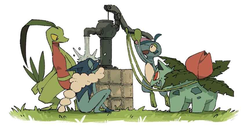 ivysaur, grovyle, drizzile, and frogadier (pokemon) drawn by mashita._(mentaiko_omoti)