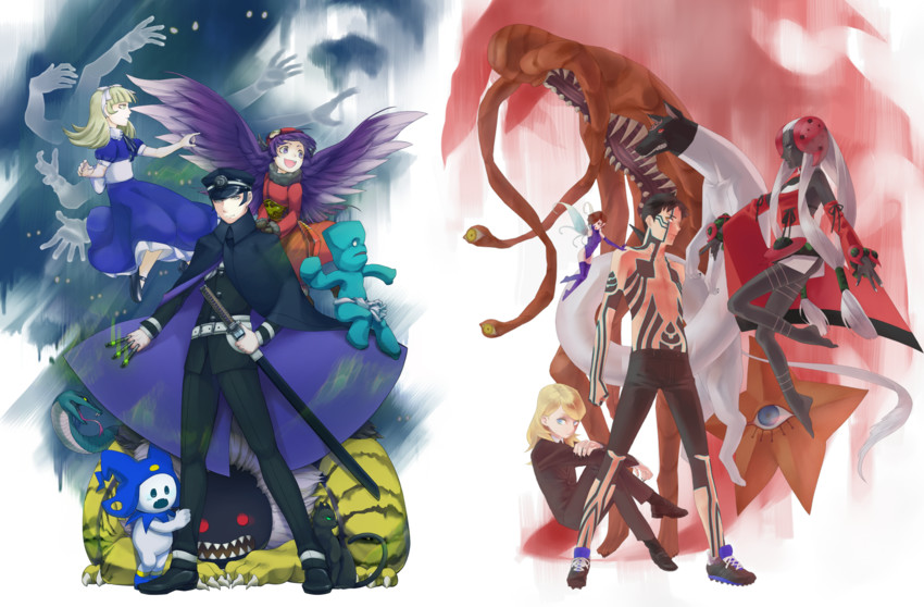 jack frost, demi-fiend, kuzunoha raidou, alice, pixie, and 10 more (shin megami tensei and 2 more) drawn by harakuda