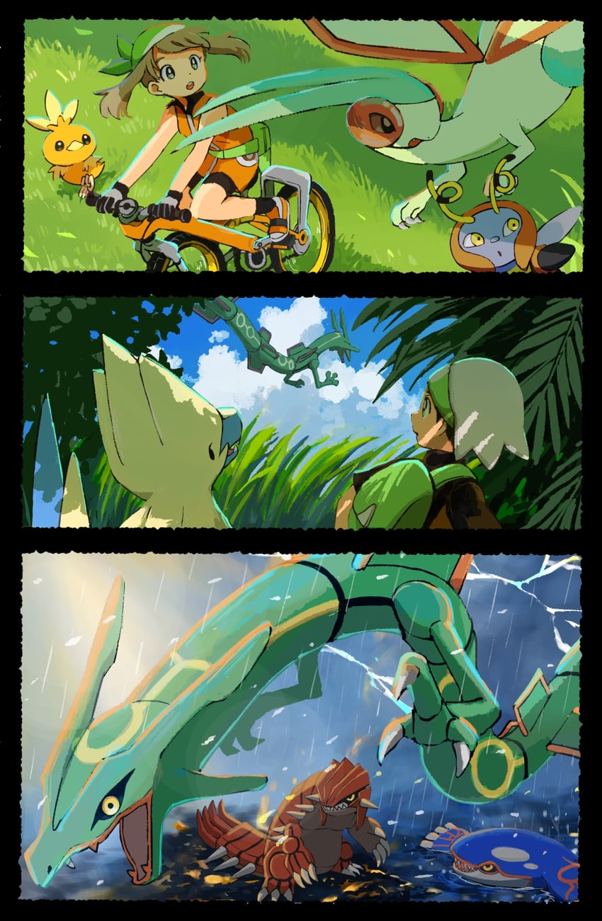 may, brendan, torchic, flygon, rayquaza, and 4 more (pokemon and 2 more) drawn by popcorn_91