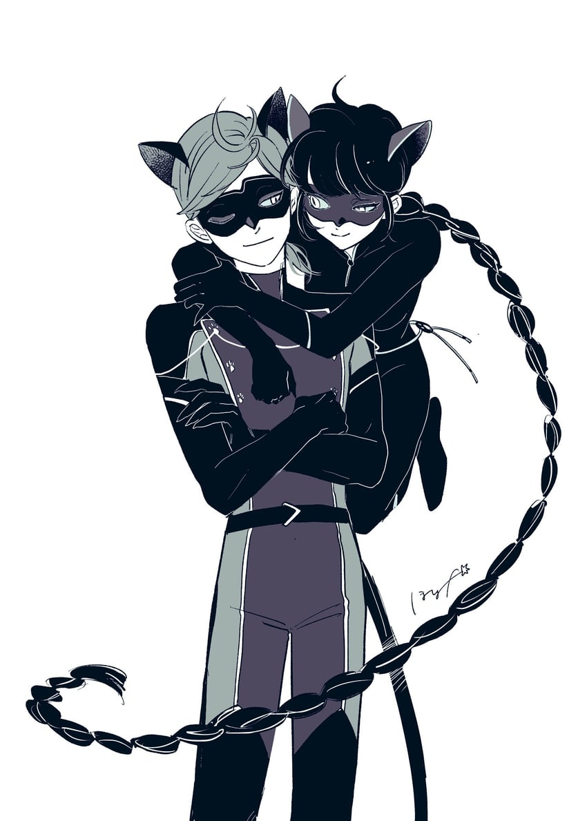 marinette dupain-cheng, adrien agreste, lady noir, and chat walker (miraculous ladybug) drawn by hoshi_mi