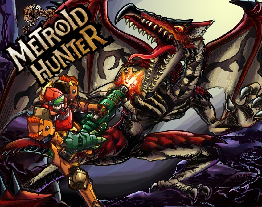 samus aran, metroid, metroid larva, and ridley (monster hunter and 1 more) drawn by deityofshadows