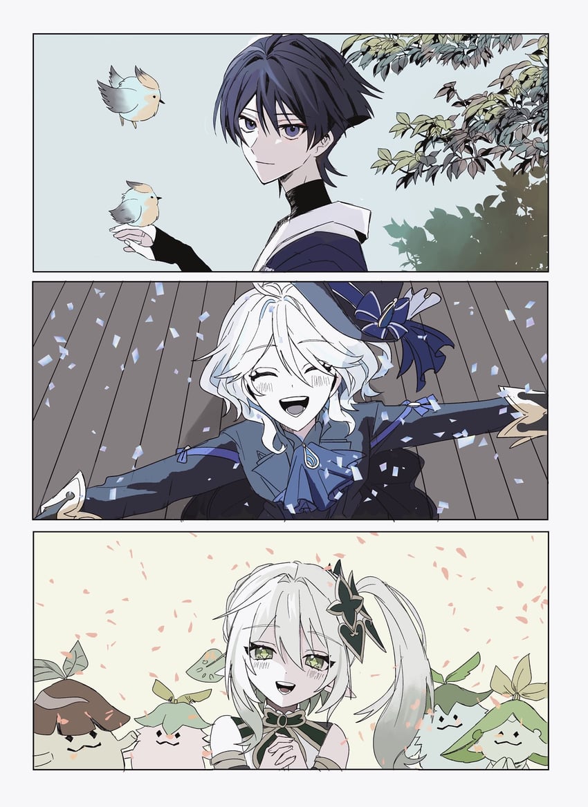 scaramouche, furina, nahida, wanderer, and aranara (genshin impact) drawn by no6_gnsn