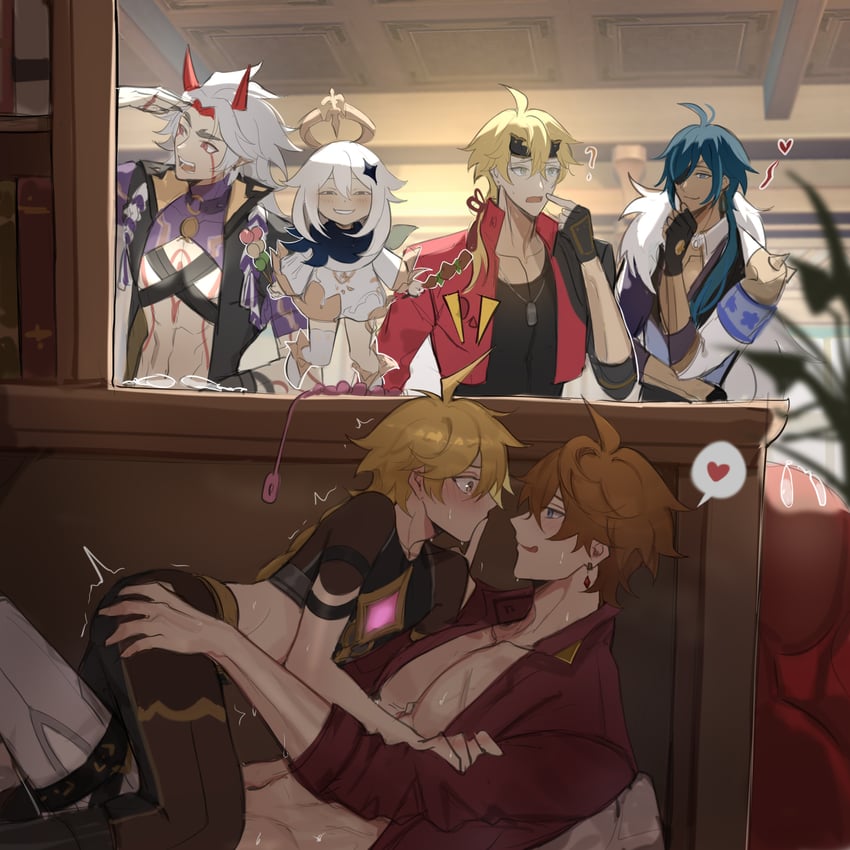 aether, paimon, tartaglia, kaeya, arataki itto, and 1 more (genshin impact) drawn by haze_(ha_ze)