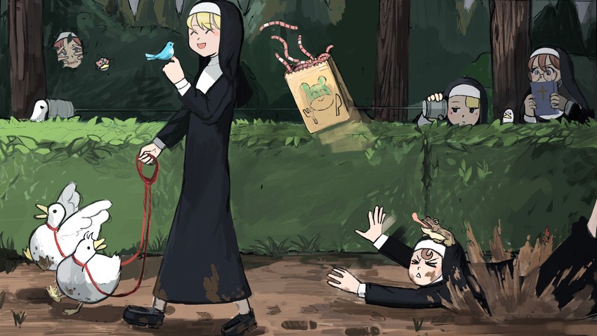 clumsy nun, froggy nun, spicy nun, glasses nun, and hungry nun (little nuns) drawn by diva_(hyxpk)