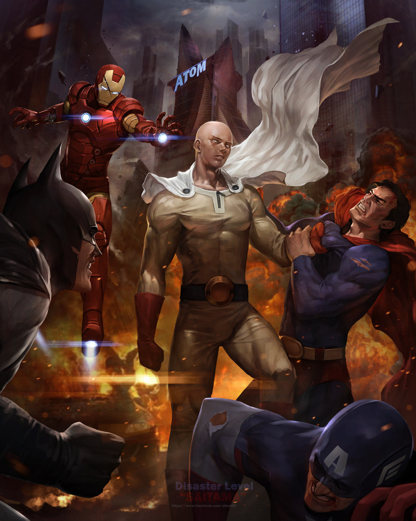 saitama, batman, captain america, iron man, and superman (marvel and 2 more) drawn by woo_chul_lee