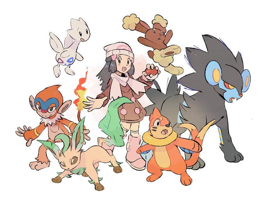 dawn, leafeon, buneary, luxray, buizel, and 2 more (pokemon and 2 more) drawn by waackery