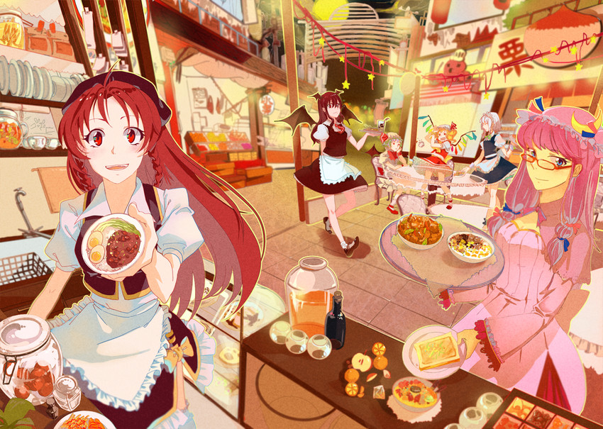 remilia scarlet, flandre scarlet, izayoi sakuya, patchouli knowledge, hong meiling, and 1 more (touhou) drawn by aneater