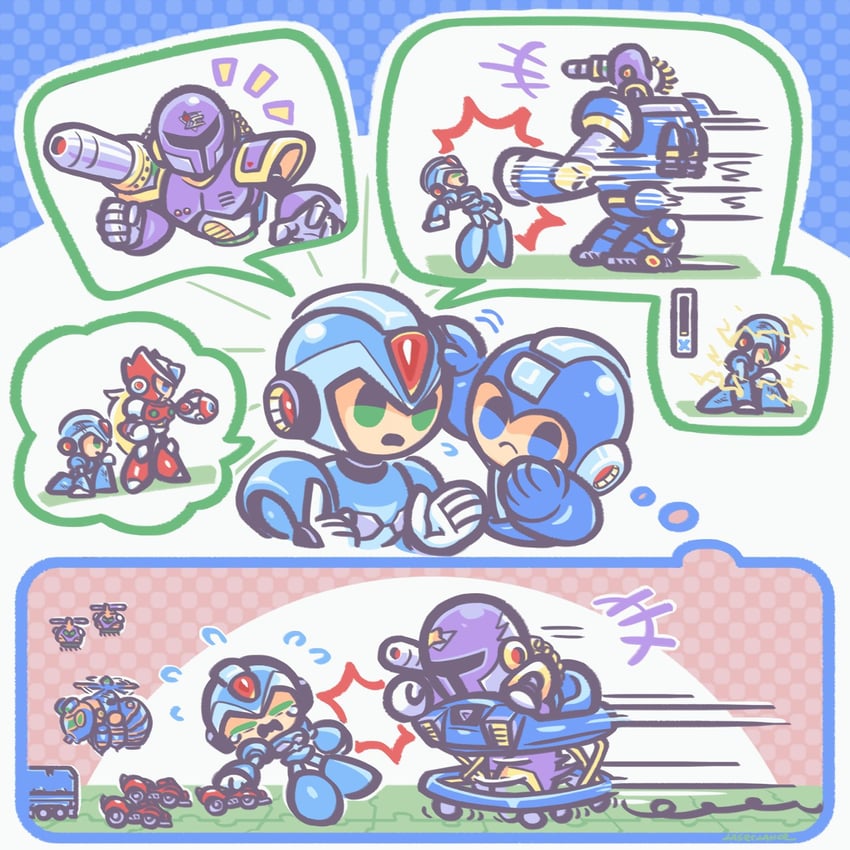 zero, x, vile, and ride armor (mega man and 2 more) drawn by laser-lance